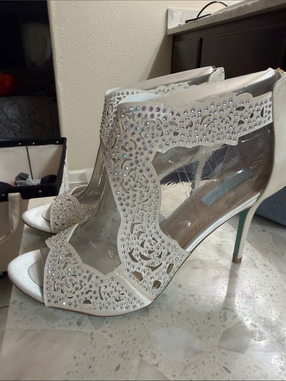 Betsey Johnson White Rhinestone Cutout Peep-Toe Heels